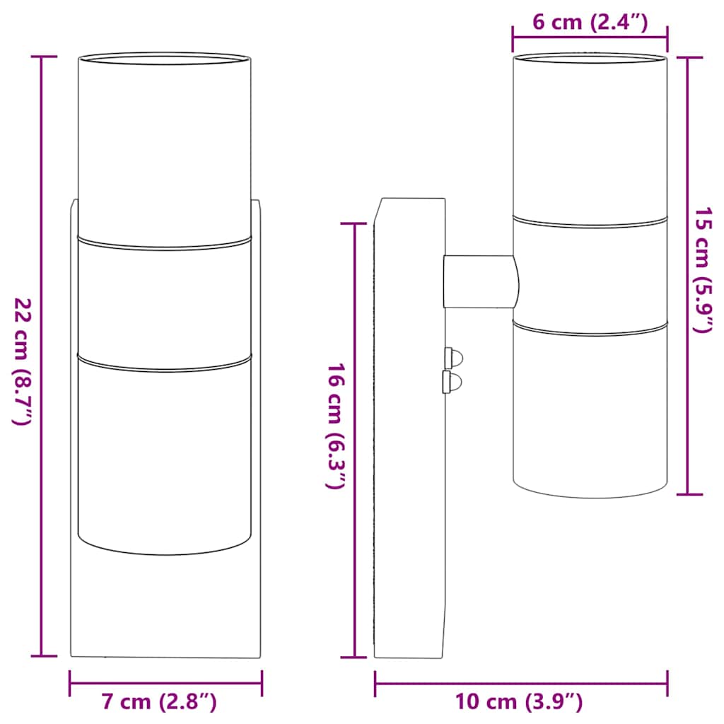 Luz de pared exterior 2 pcs Negro 7 x 10 x 22 cm