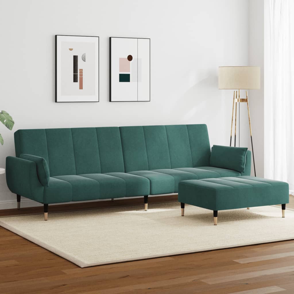 Sofá cama 2 plazas con almohadas taburete terciopelo gris claro