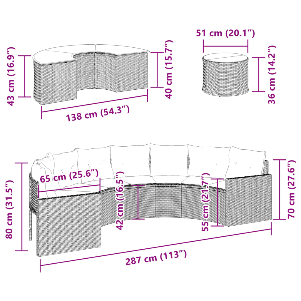 Set de sofá de jardín semicircular 3 pzas ratán sintético gris