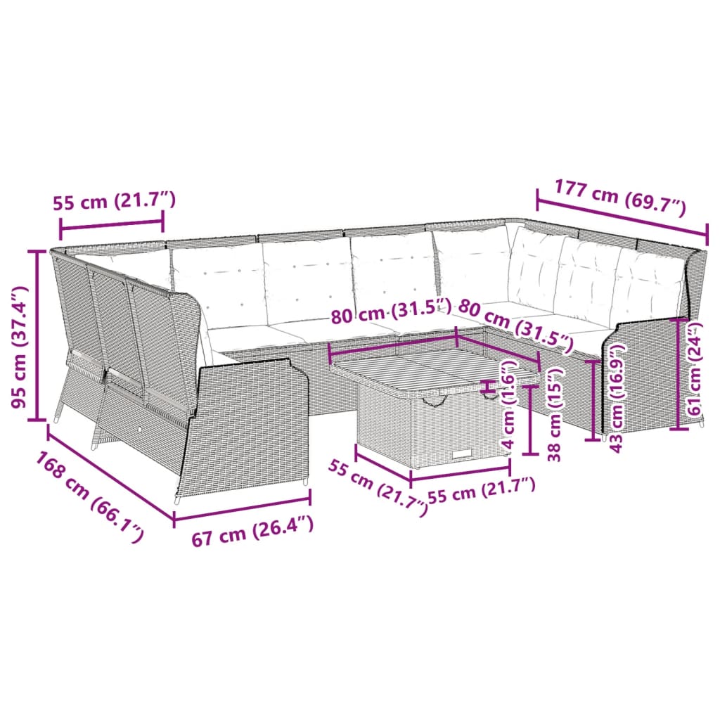 Set de muebles de jardín y cojines 7 pzas ratán sintético beige
