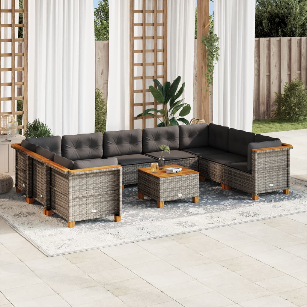 Set de sofás de jardín 10 pzas con cojines ratán sintético gris