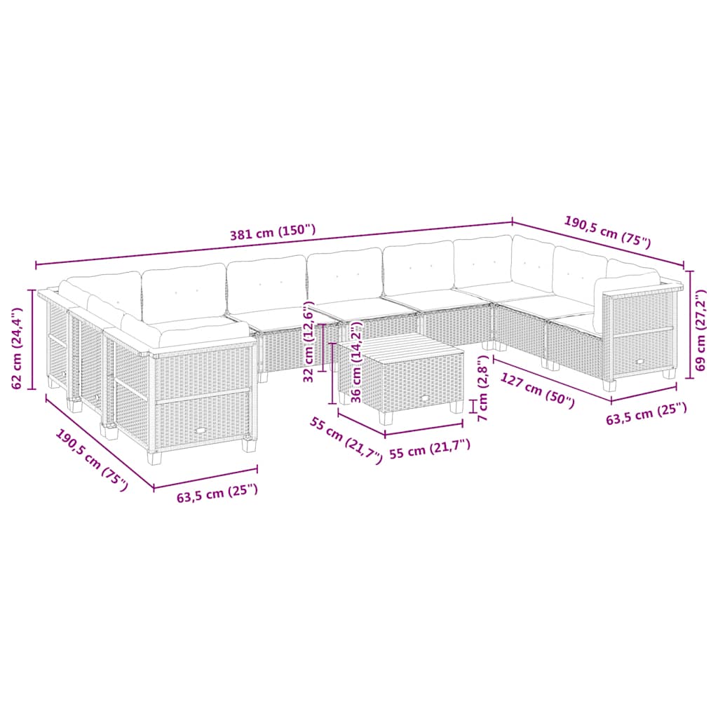 Set de sofás de jardín 11pzas con cojines ratán sintético beige