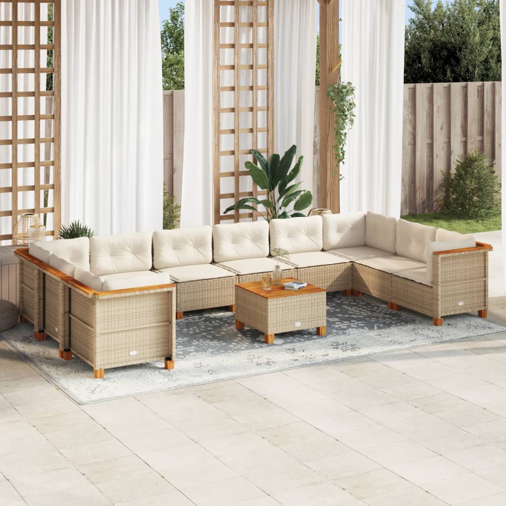Set de sofás de jardín 11pzas con cojines ratán sintético beige