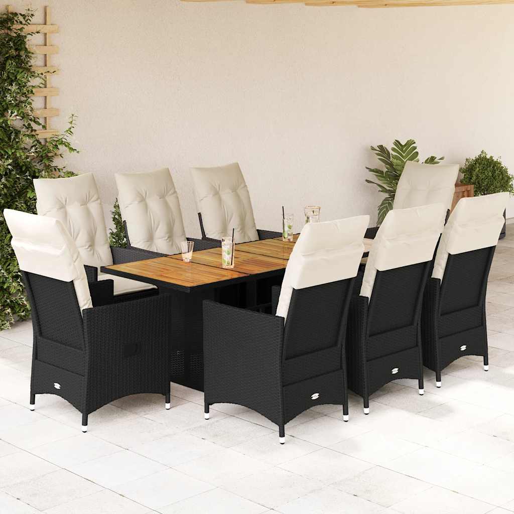 Set de comedor de jardín 9 pzas y cojines ratán sintético negro