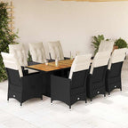 Set de comedor de jardín 9 pzas y cojines ratán sintético negro