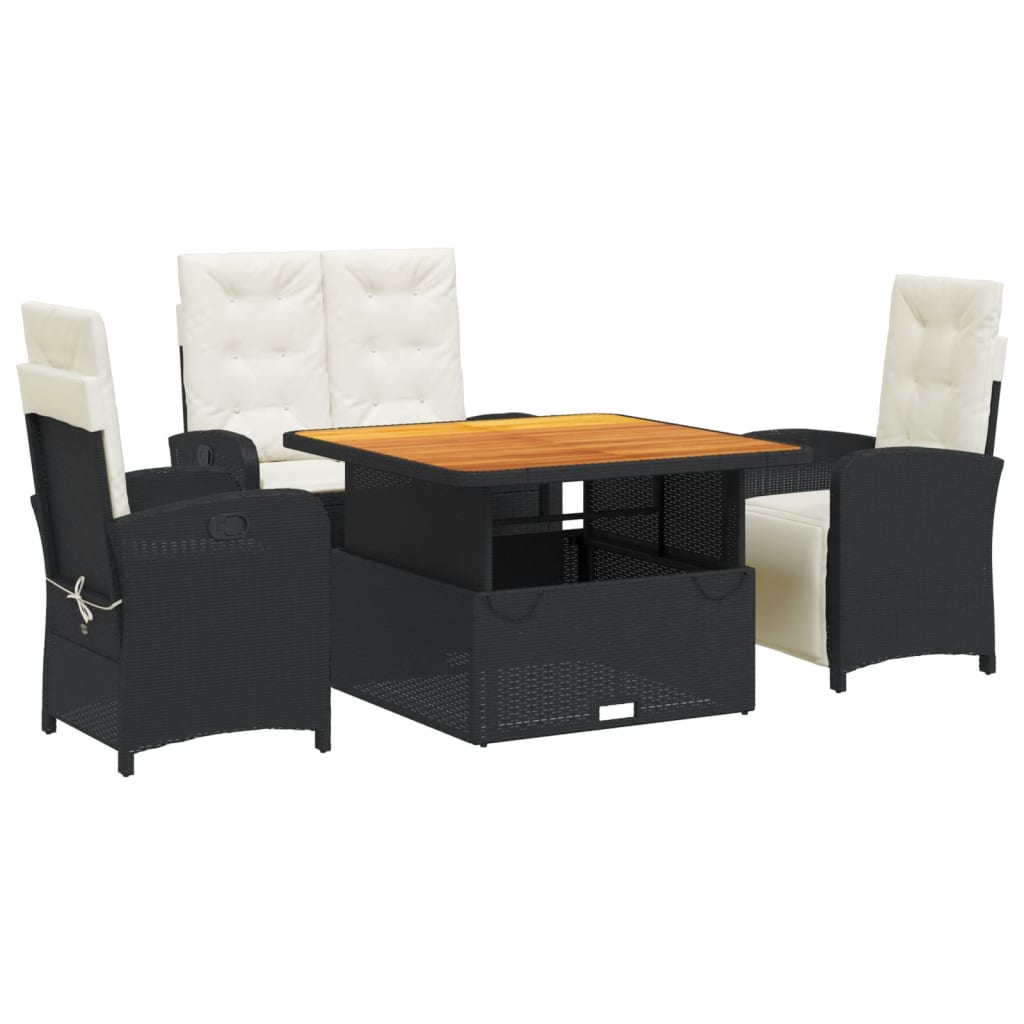 Juego comedor jardín 4 piezas con cojines ratán sintético negro