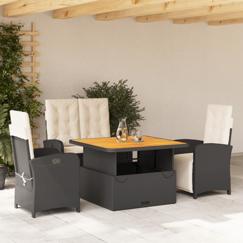 Juego comedor jardín 4 piezas con cojines ratán sintético negro