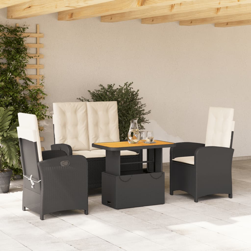 Juego comedor jardín 3 pzas cojines ratán sintético vidrio gris
