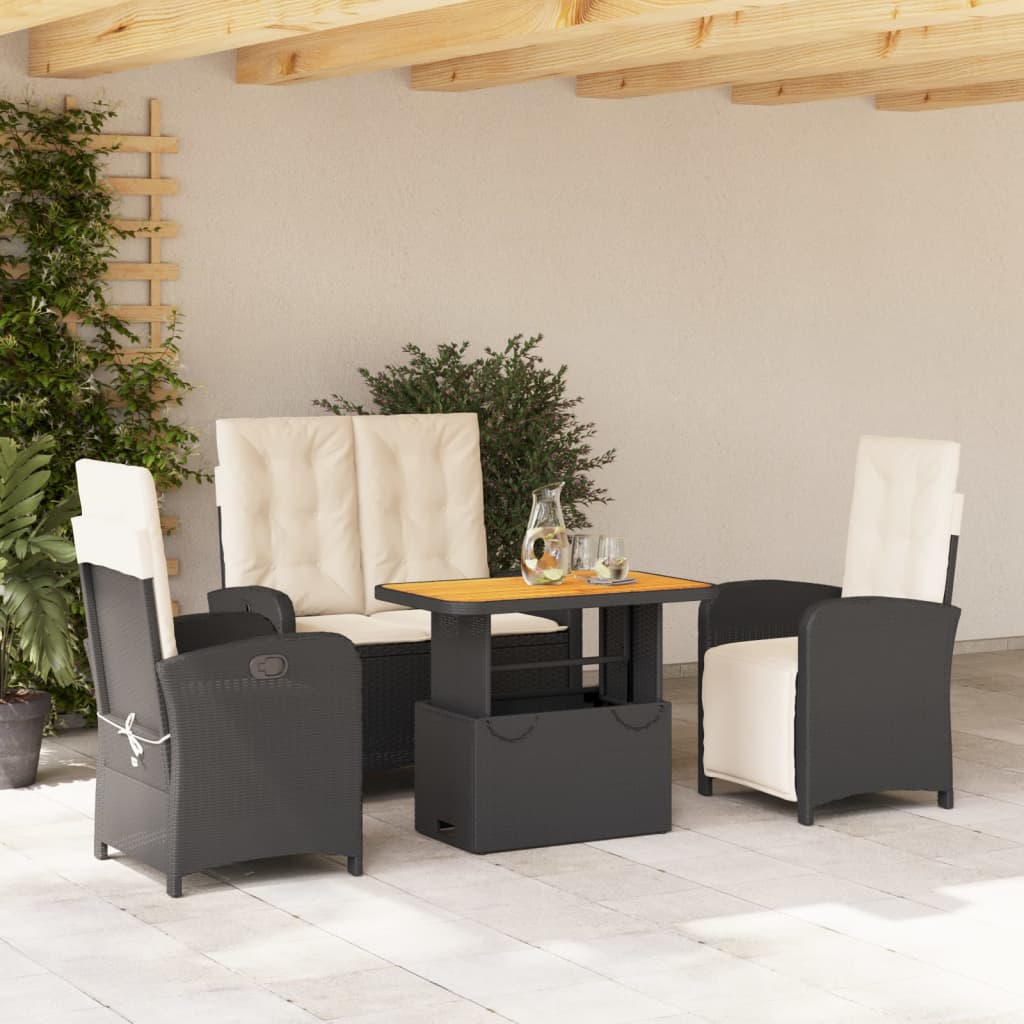 Juego comedor jardín 4 piezas con cojines ratán sintético negro