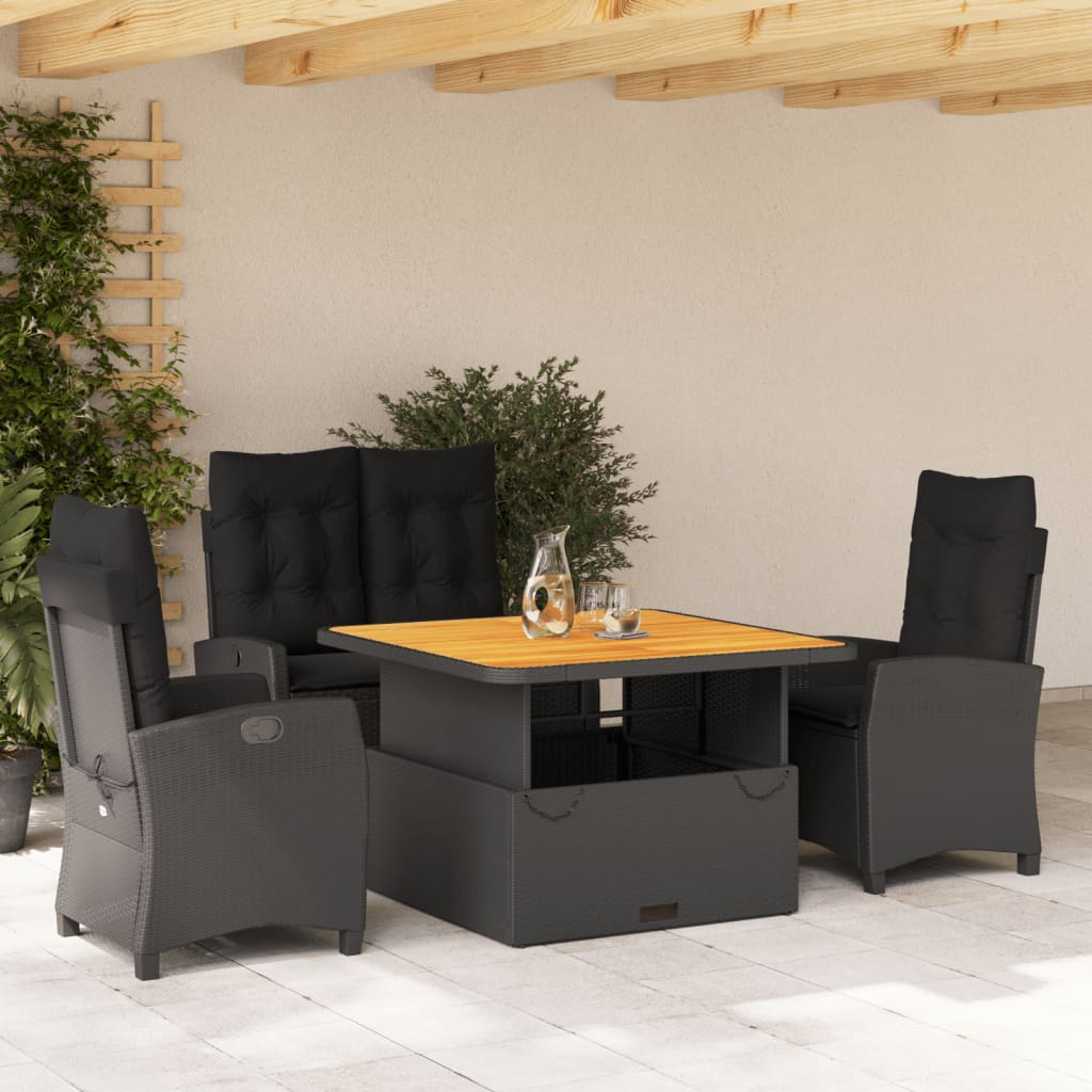 Juego comedor jardín 3 pzas cojines ratán sintético vidrio gris