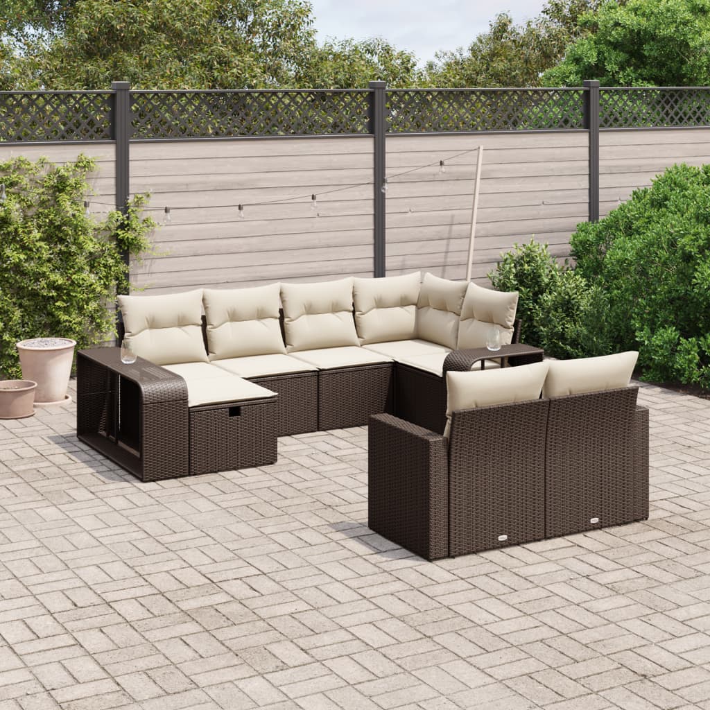 Set de sofás de jardín 10 pzas y cojines ratán sintético marrón