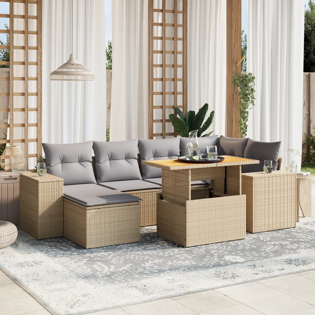 Set sofás de jardín 7 piezas y cojines ratán sintético beige