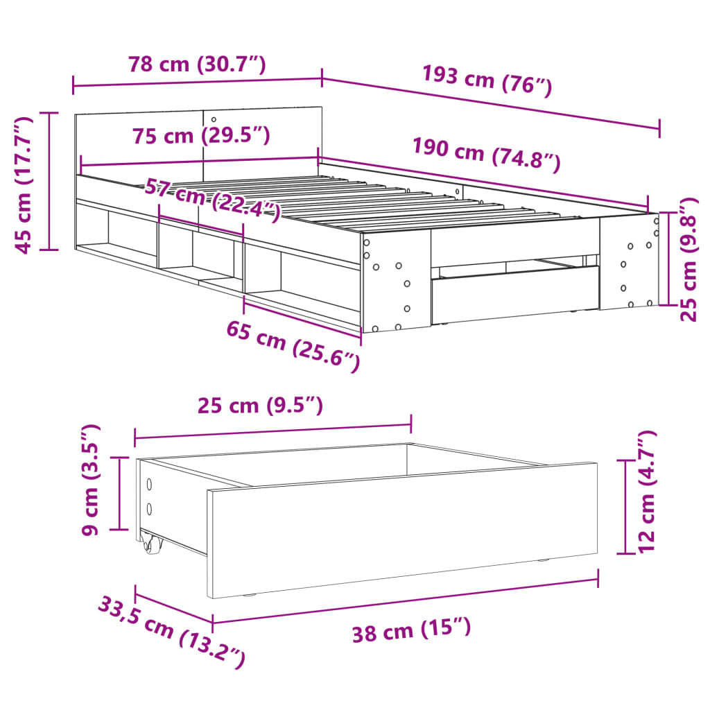 Cama con cajón madera de ingeniería blanca 75x190 cm