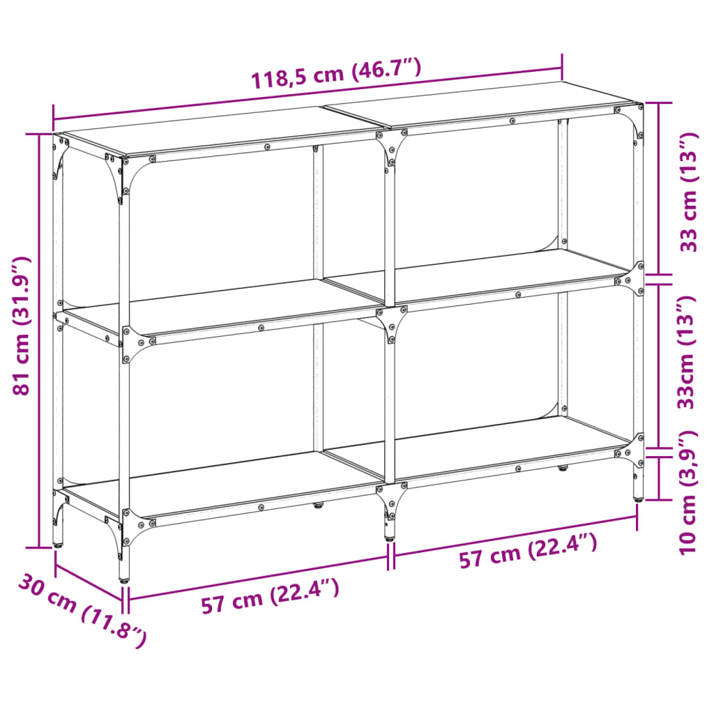 Mesa consola con superficie de vidrio negro acero 118,5x30x81cm
