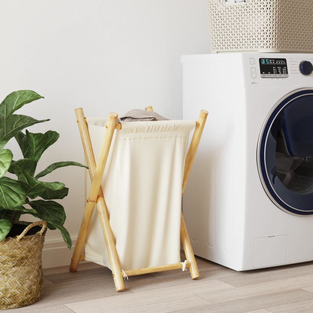Cesto de la ropa sucia de bambú blanco crema 41,5x36x63,5 cm