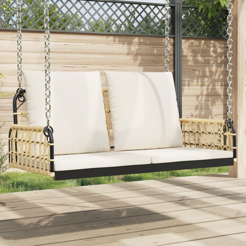 Banco columpio con cojines ratán sintético beige 109x62x40 cm