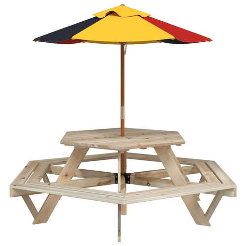 Hexagonal picnic table 6 children umbrella hole fir wood
