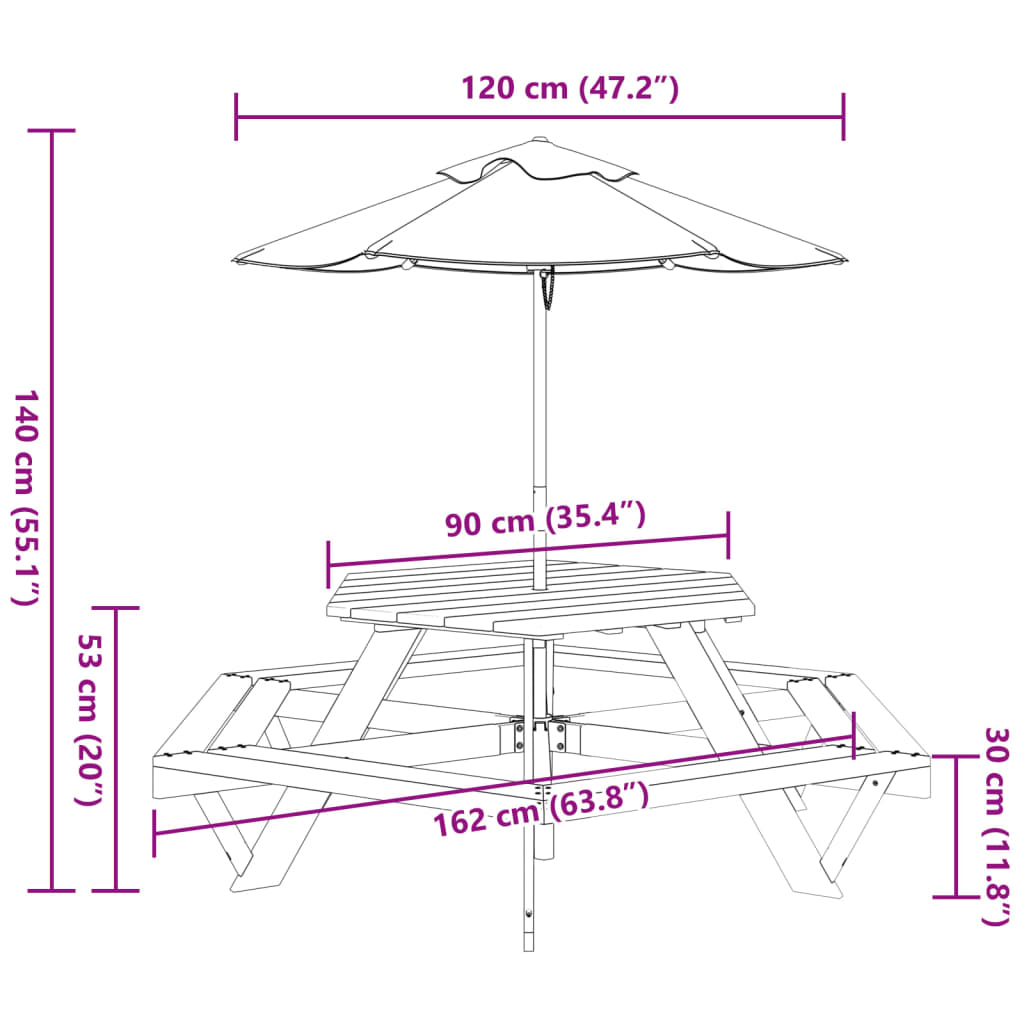 Mesa de picnic hexagonal 6 niños agujero sombrilla madera abeto