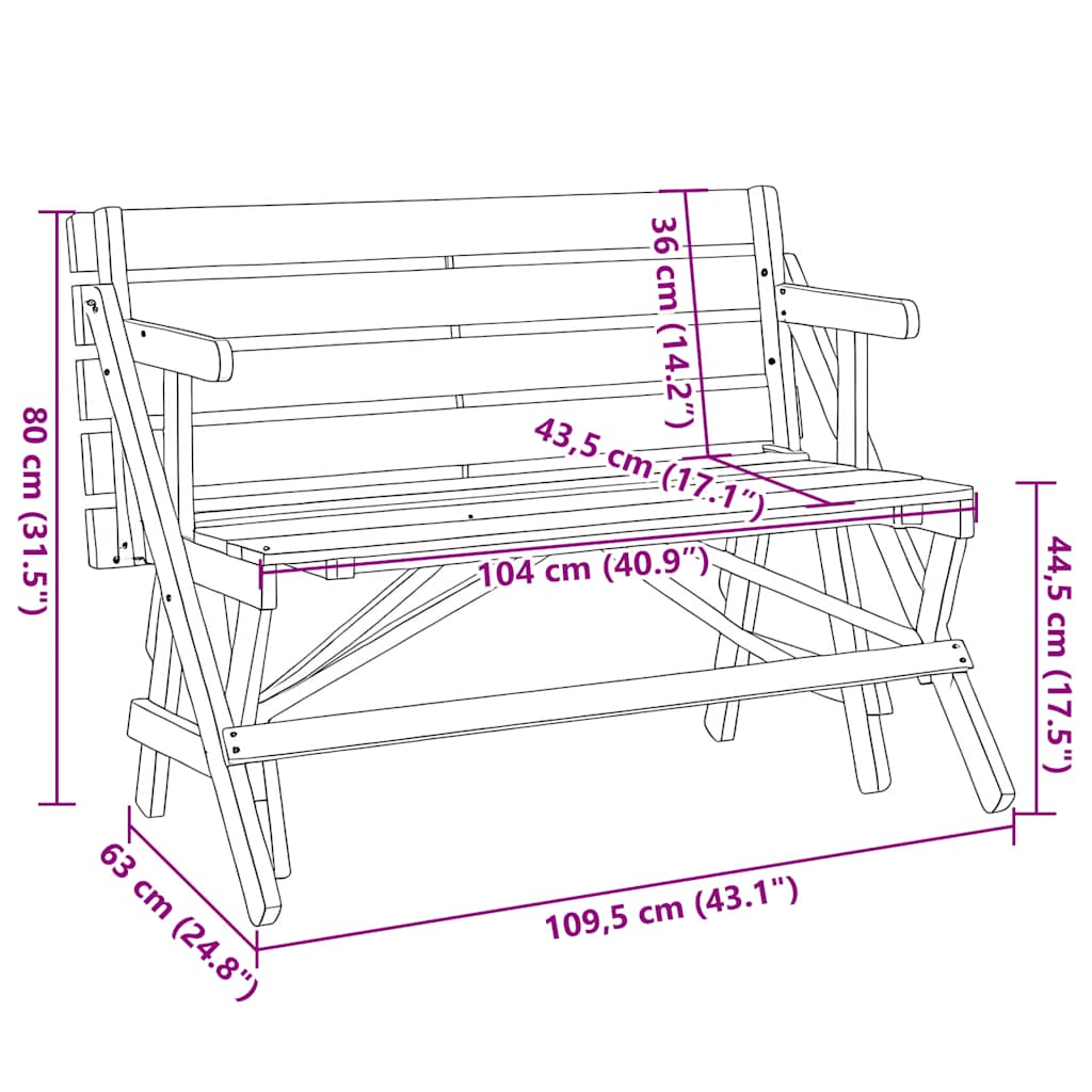 Mesa de picnic bancos 2 en 1 convertible madera maciza abeto