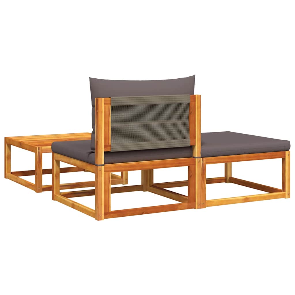Conjunto de sofá de jardín de 3 piezas con cojines de madera de acacia y cuerda