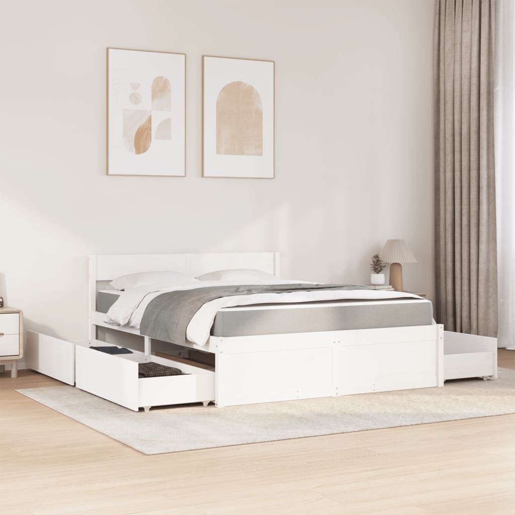 Cama con cajones y colchón madera maciza pino blanca 160x200 cm