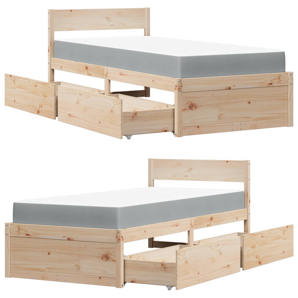 Cama con cajones y colchón madera maciza de pino 100x200 cm