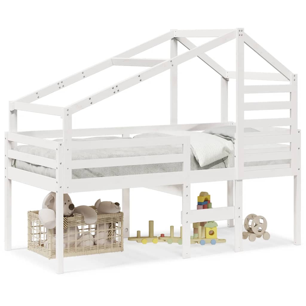 Cama alta com telhado branca madeira maciça pinho branca 90x200 cm