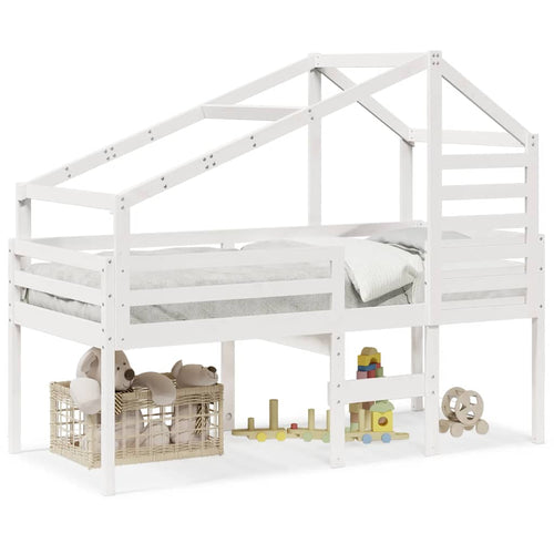 Cama alta com telhado branca madeira maciça pinho branca 90x200 cm