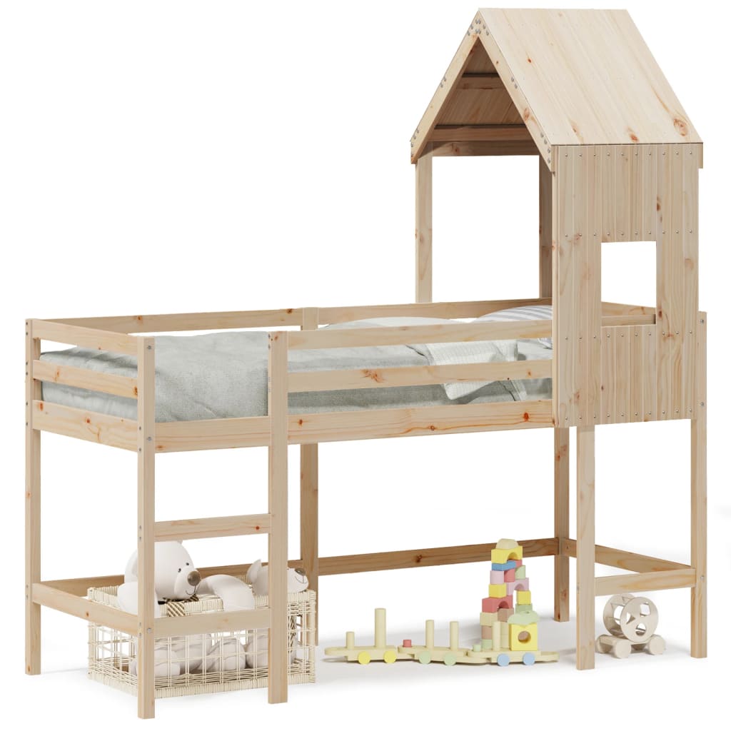 Cama alta com escada e telhado madeira maciça de pinho 80x200 cm