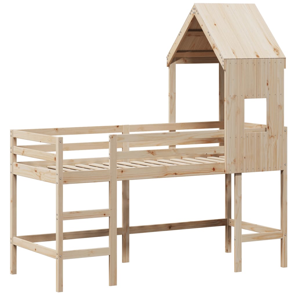 Cama alta com escada e telhado madeira maciça de pinho 80x200 cm