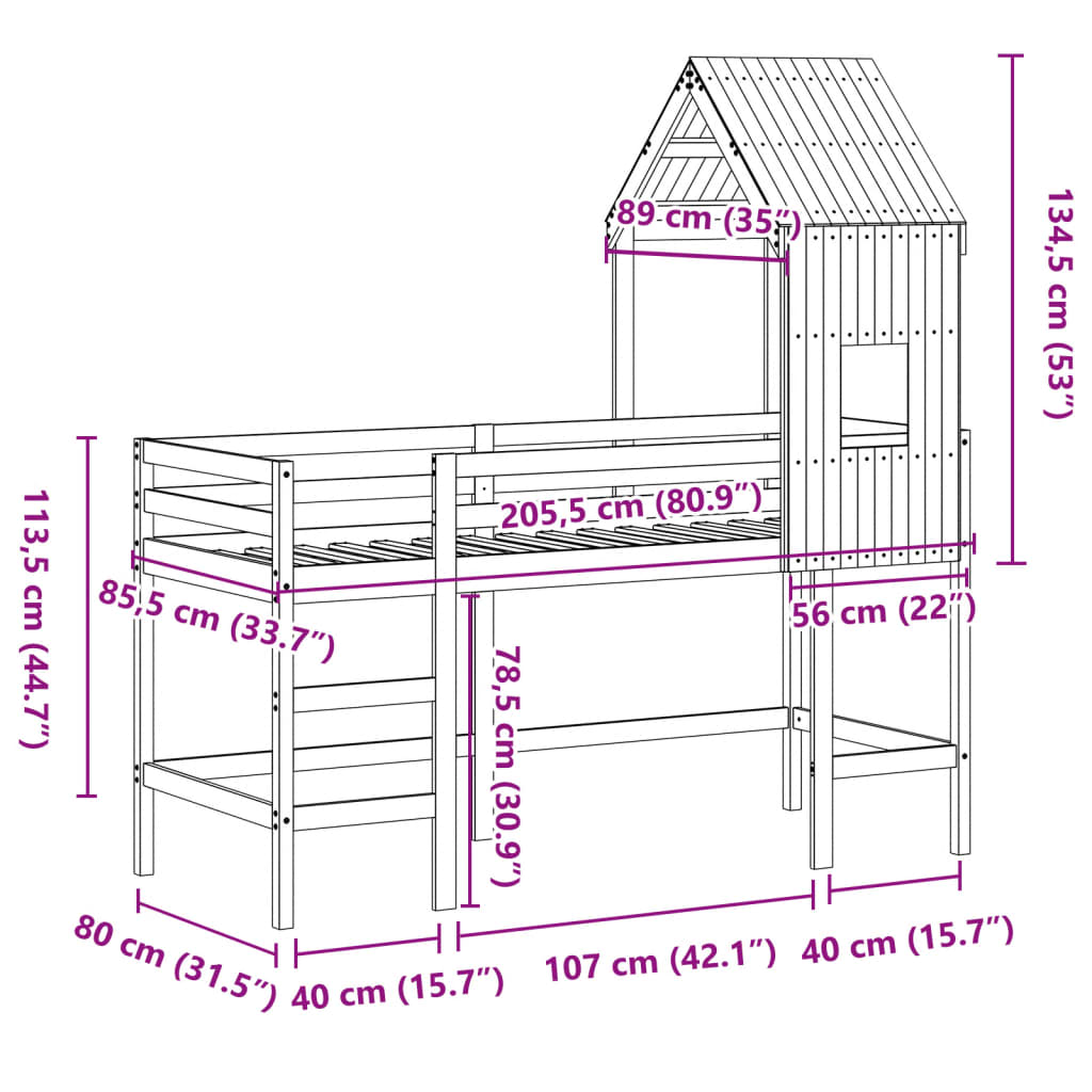 Cama alta com escada e telhado madeira maciça de pinho 80x200 cm