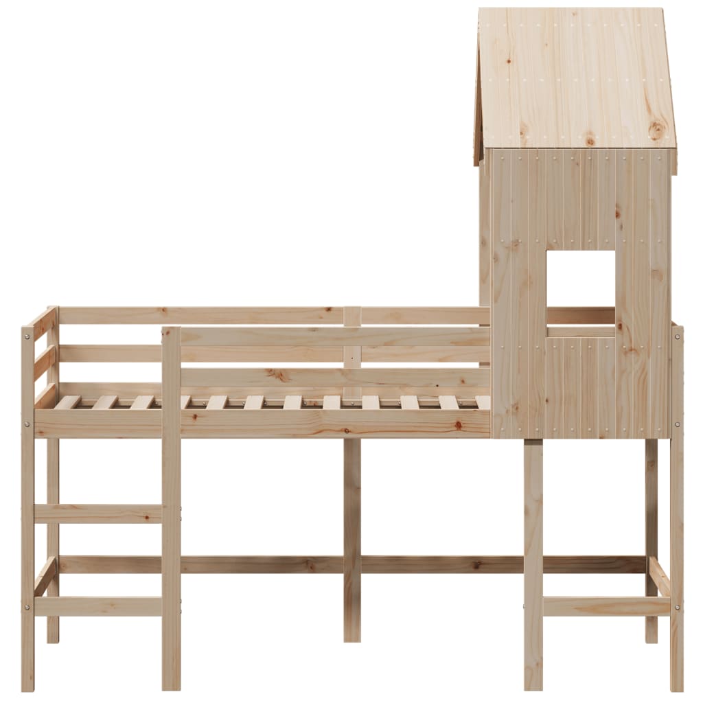Cama alta com escada e telhado madeira maciça de pinho 80x200 cm