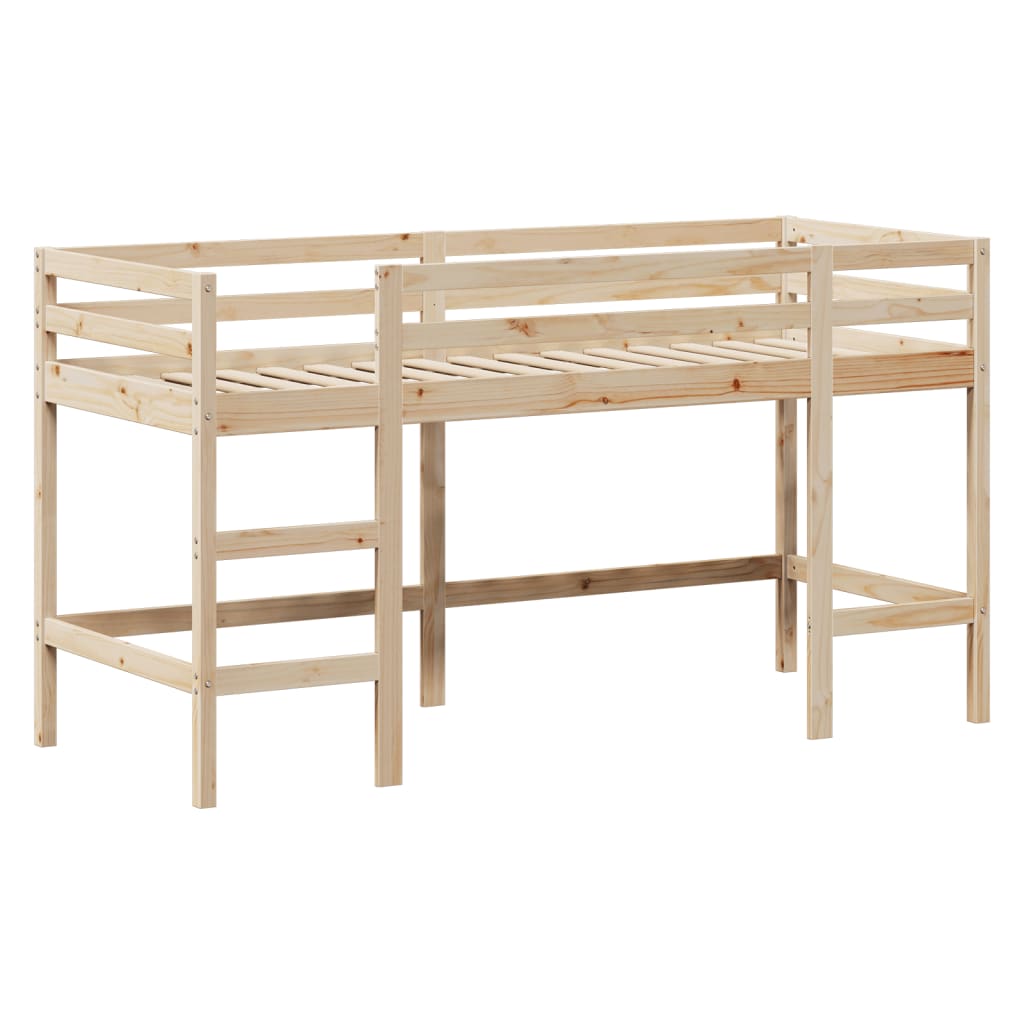 Cama alta com escada e telhado madeira maciça de pinho 80x200 cm