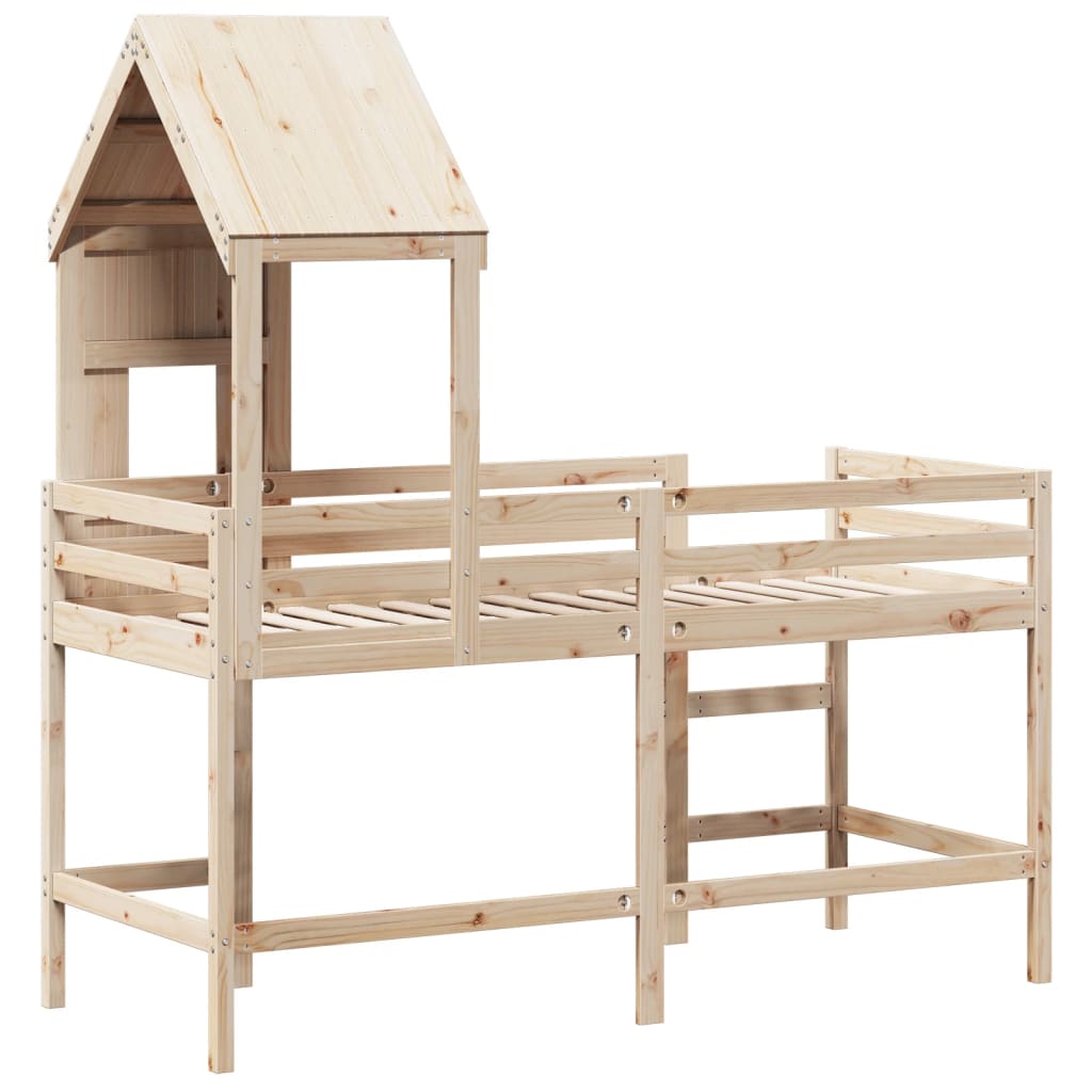 Cama alta com escada e telhado madeira maciça de pinho 80x200 cm