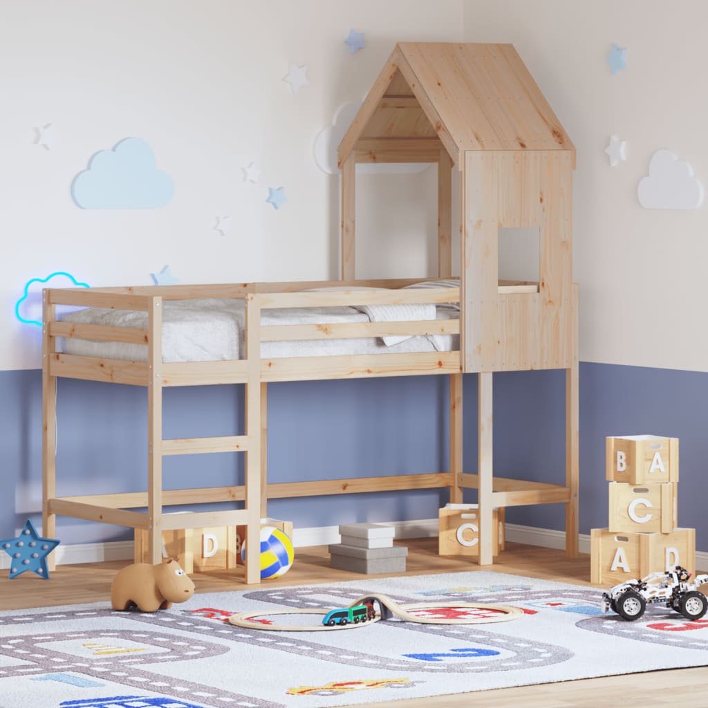 Cama alta com escada e telhado madeira maciça de pinho 80x200 cm