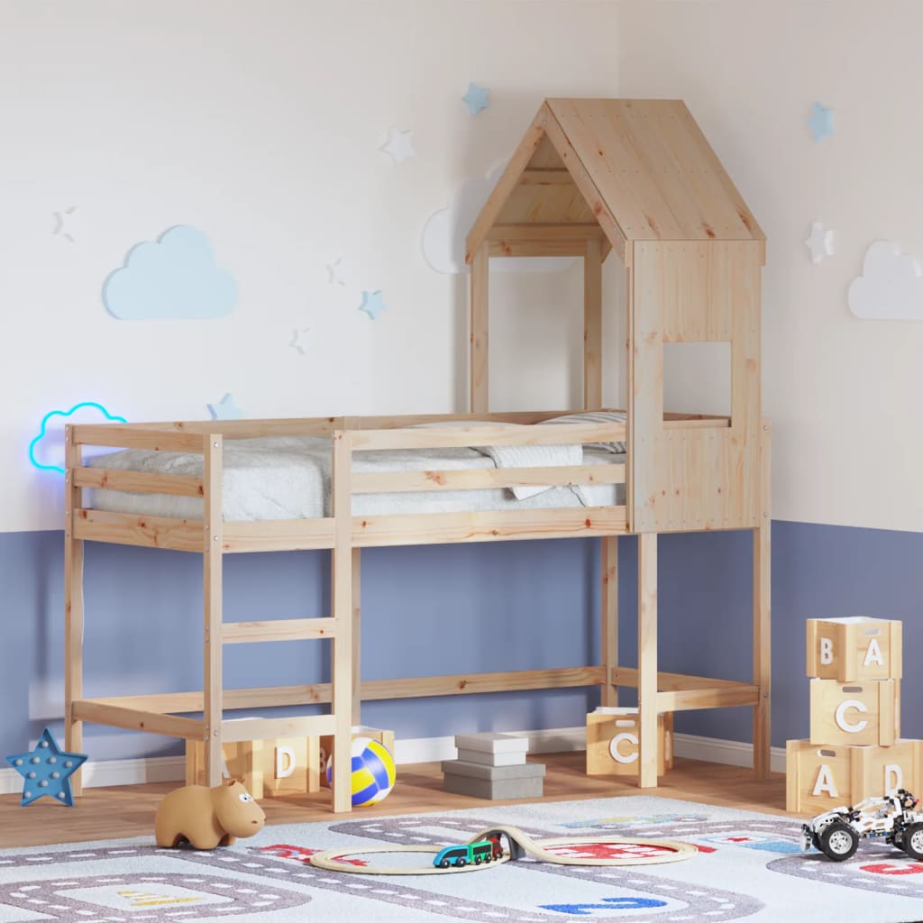 Cama alta com escada e telhado madeira maciça de pinho 80x200 cm