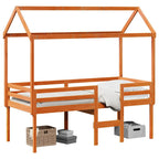 Cama alta com telhado madeira maciça de pinho castanho cera 90x190 cm