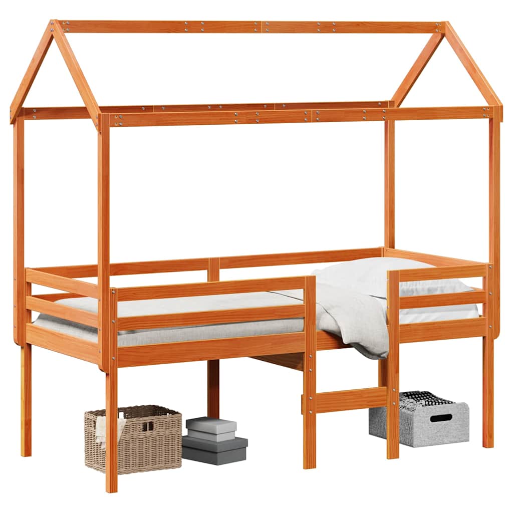 Cama alta com telhado madeira maciça de pinho castanho cera 90x190 cm
