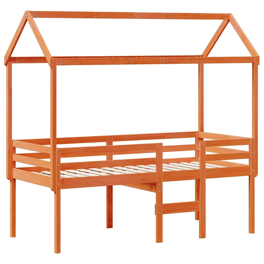 Cama alta com telhado madeira maciça de pinho castanho cera 90x190 cm
