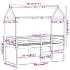 Cama alta com telhado madeira maciça de pinho castanho cera 90x190 cm