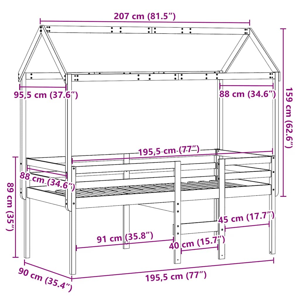 Cama alta com telhado madeira maciça de pinho castanho cera 90x190 cm