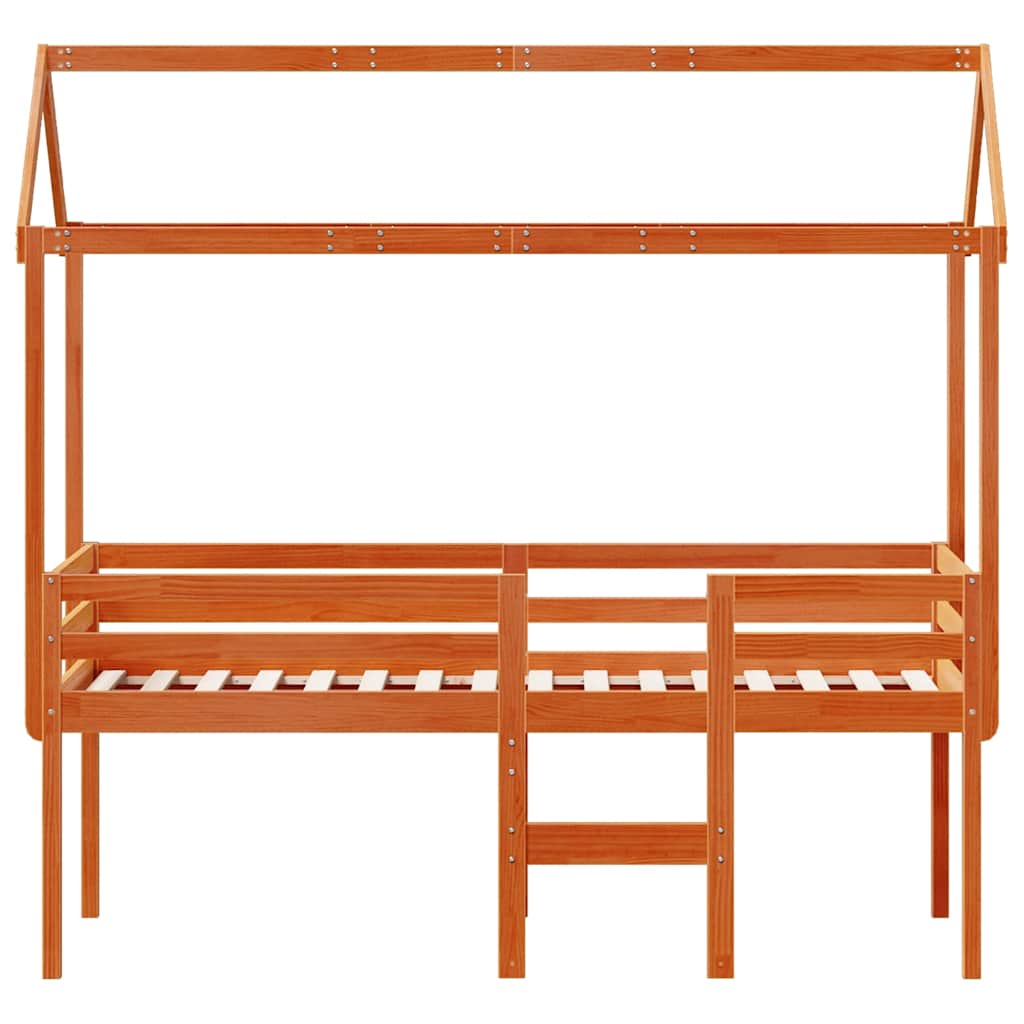 Cama alta com telhado madeira maciça de pinho castanho cera 90x190 cm