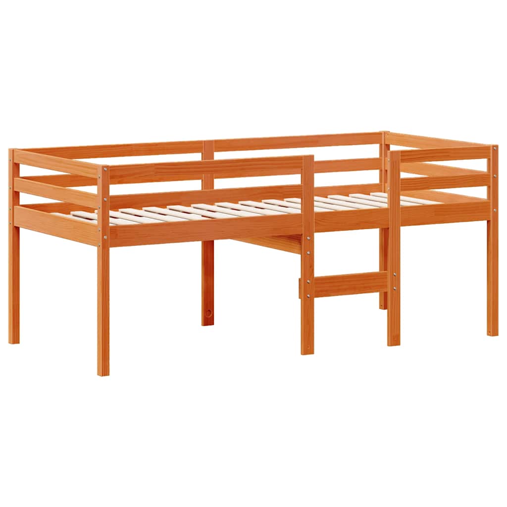 Cama alta com telhado madeira maciça de pinho castanho cera 90x190 cm