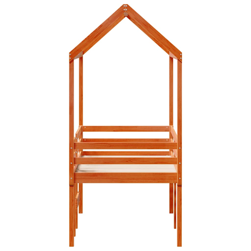 Cama alta com telhado madeira maciça de pinho castanho cera 90x190 cm