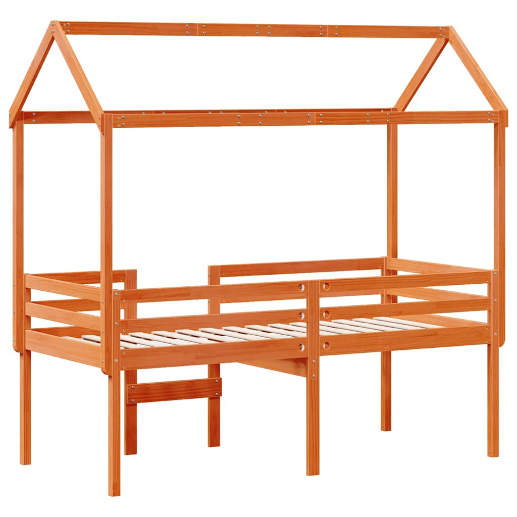Cama alta com telhado madeira maciça de pinho castanho cera 90x190 cm