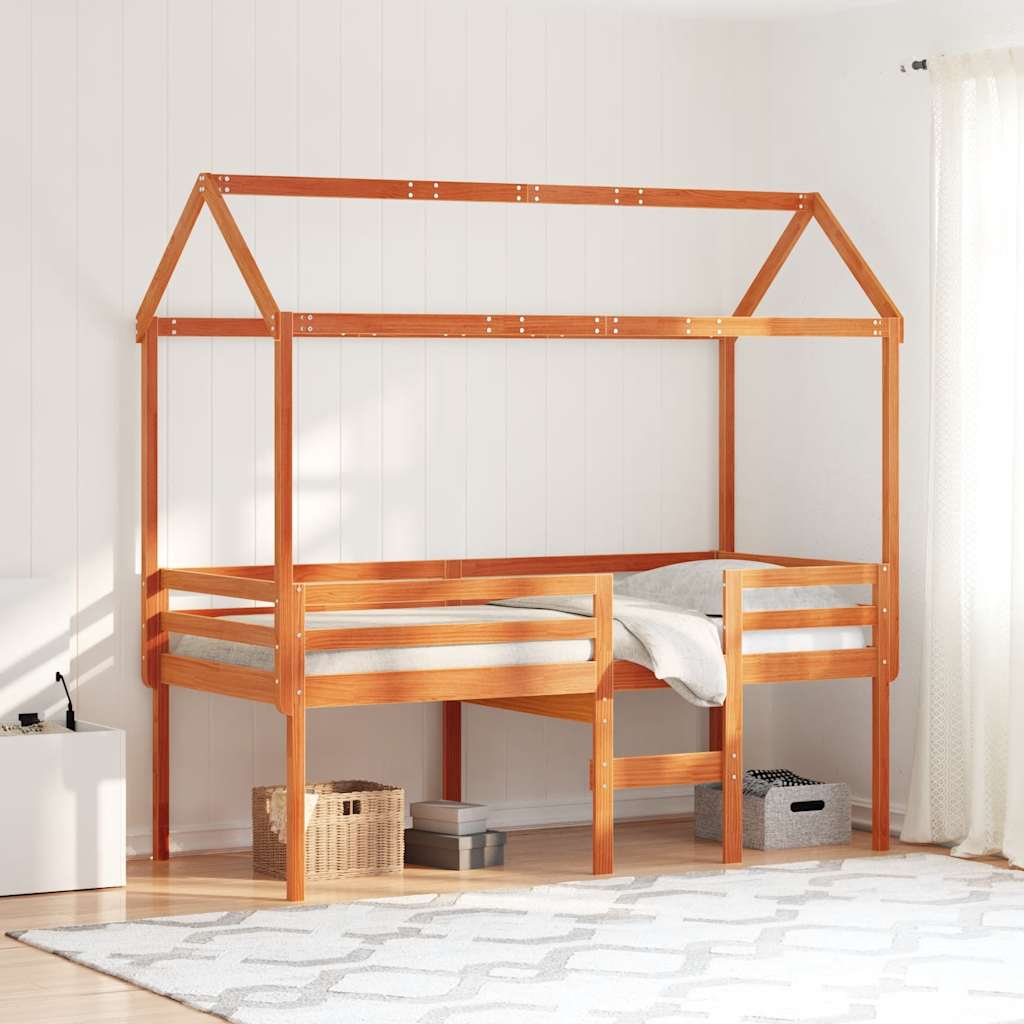 Cama alta com telhado madeira maciça de pinho castanho cera 90x190 cm