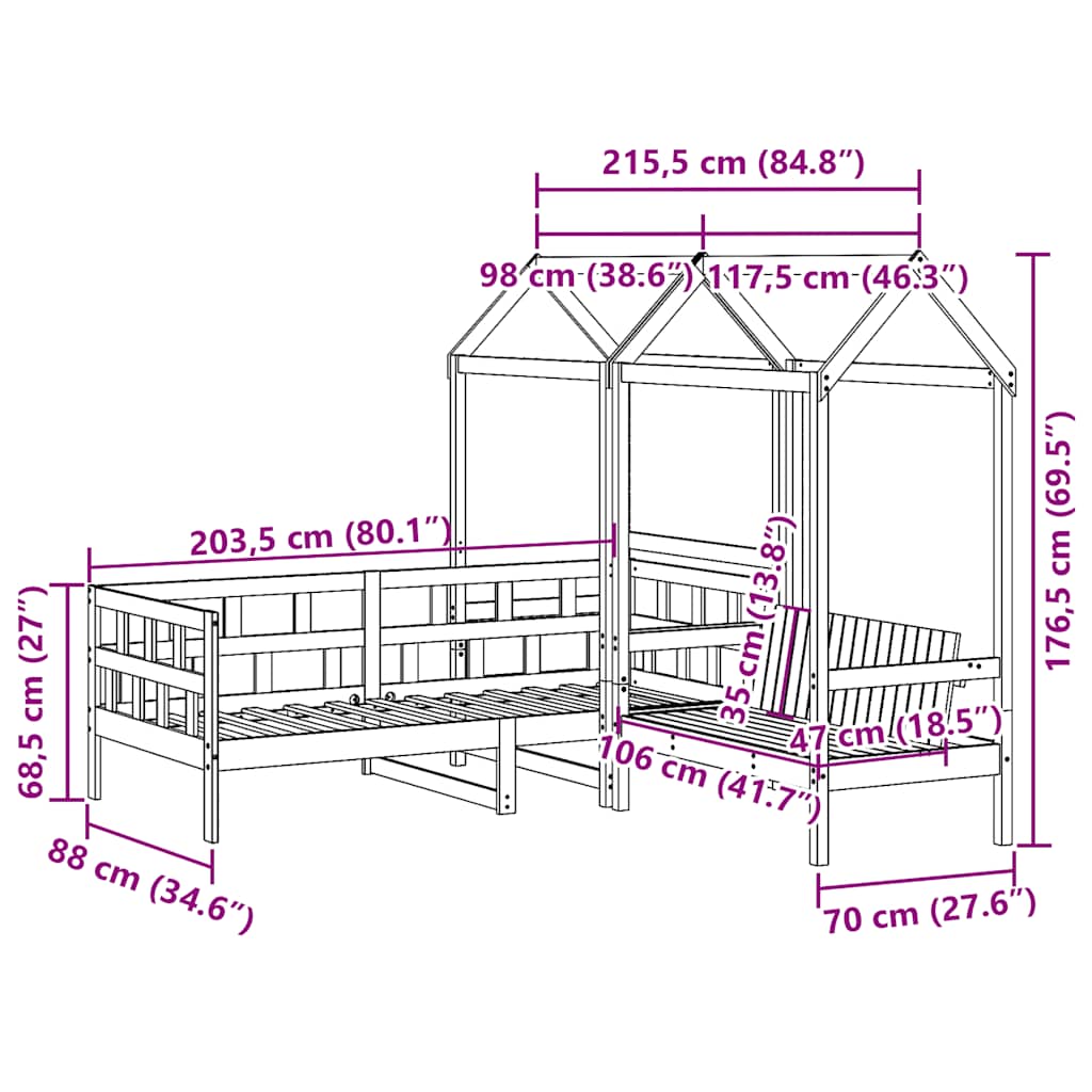 Sofá cama con techo madera maciza de pino blanco 80x200 cm