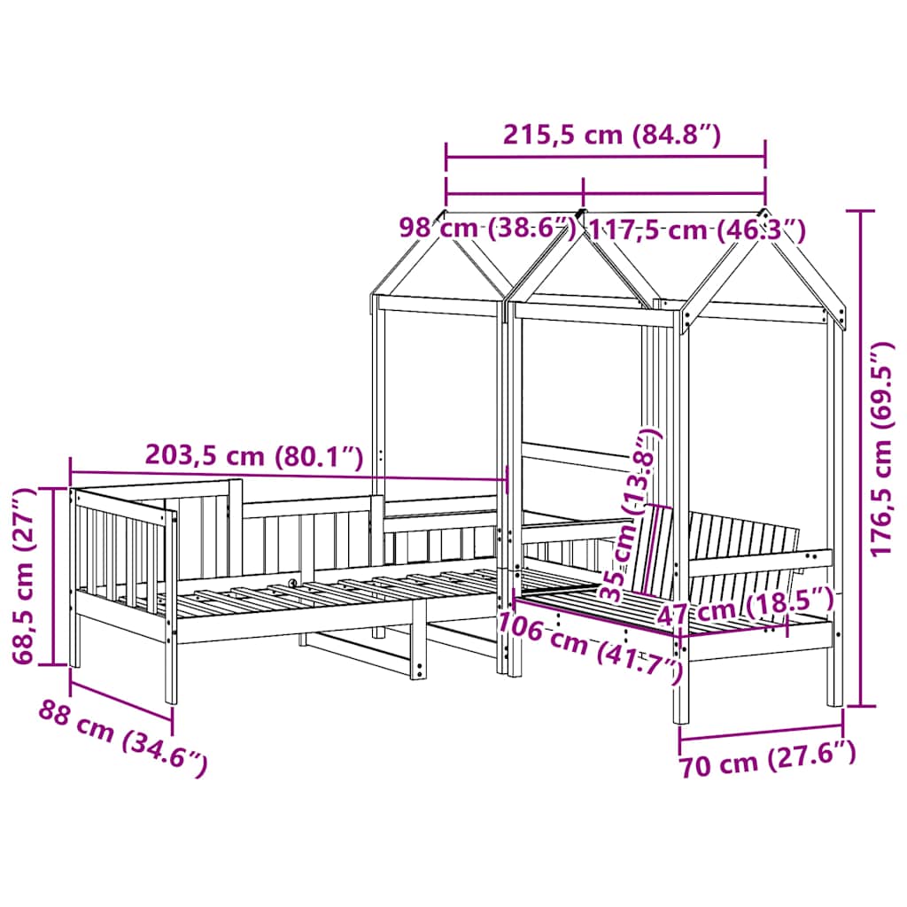Set de sofá cama con banco y techo madera pino blanco 80x200 cm