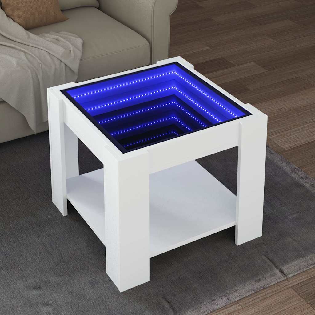 Mesa de centro con LED madera de ingeniería blanca 50x50x30 cm