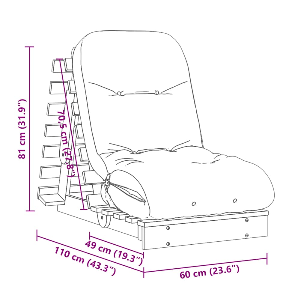 Futón sofá cama con colchón madera impregnada pino 60x206x11 cm
